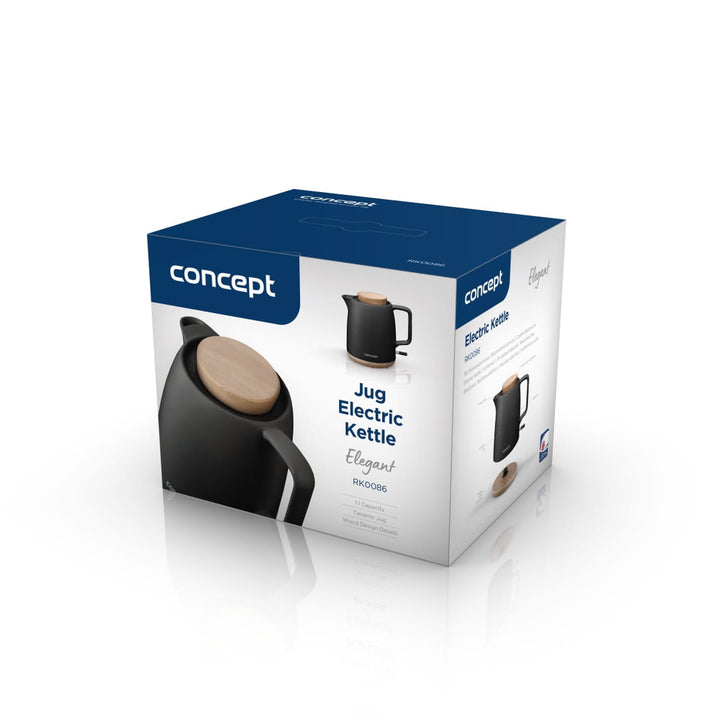 Concept kerámia elektromos vízforraló, 1 literes űrtartalom, 1200 W, fekete, Strix csatlakozó, vízkőmentesítő szűrő, forgó talp, RK0086