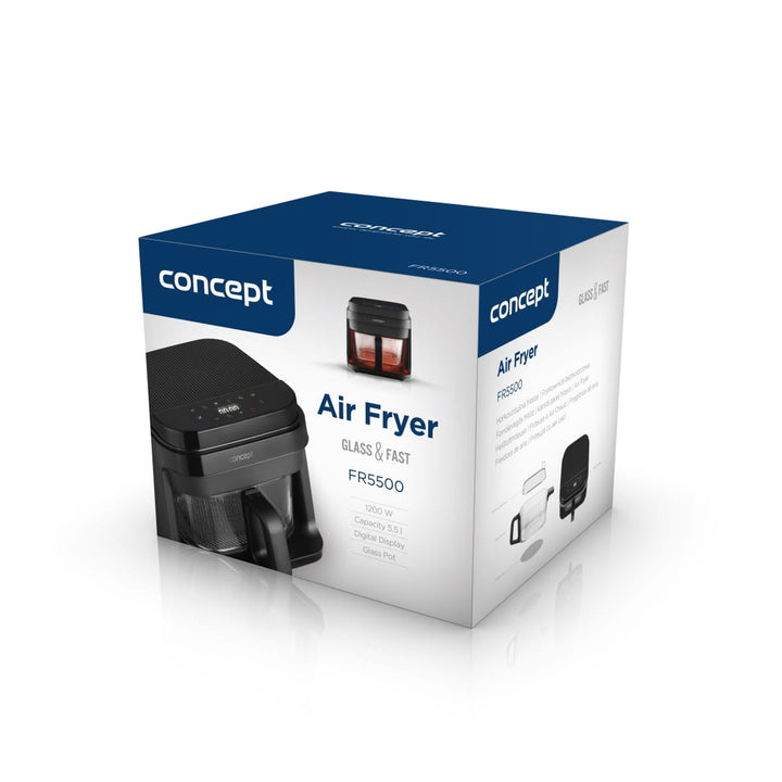Concept Glass&Fast olajmentes sütő, 5,5 l űrtartalom, 7 program, érintőképernyős LED-kijelző, egészséges sütési mód, üvegedény, FR5500