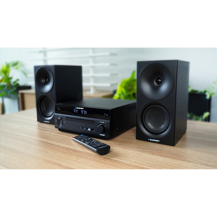 Blaupunkt mikrorendszer, 150 W teljesítmény, FM rádió, AUX aljzat és USB port, Bluetooth, HDMI bemenet, óra ébresztővel, LED kijelző, fekete szín, MS30.02BT