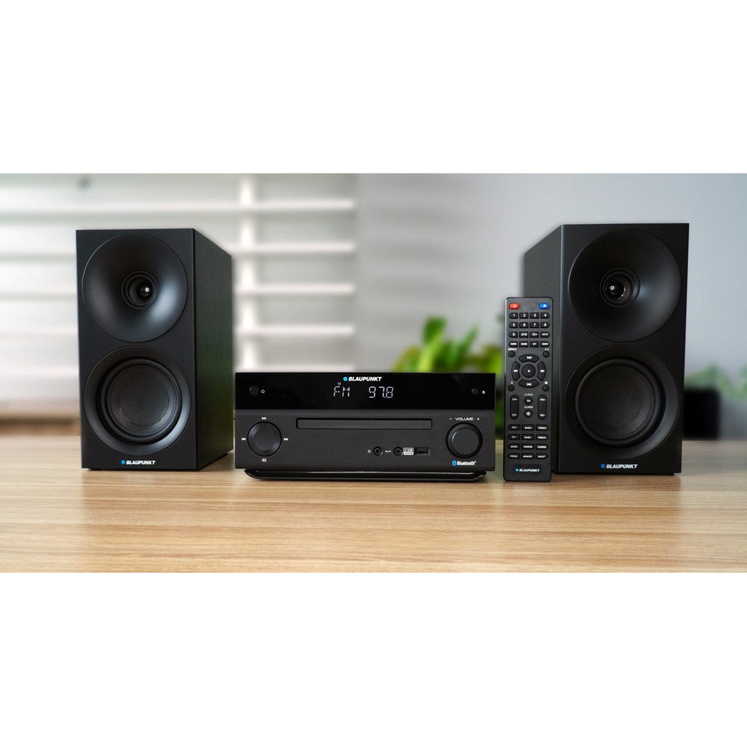 Blaupunkt mikrorendszer, 150 W teljesítmény, FM rádió, AUX aljzat és USB port, Bluetooth, HDMI bemenet, óra ébresztővel, LED kijelző, fekete szín, MS30.02BT