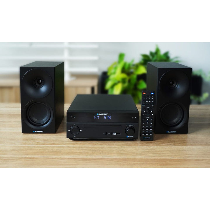 Blaupunkt mikrorendszer, 150 W teljesítmény, FM rádió, AUX aljzat és USB port, Bluetooth, HDMI bemenet, óra ébresztővel, LED kijelző, fekete szín, MS30.02BT