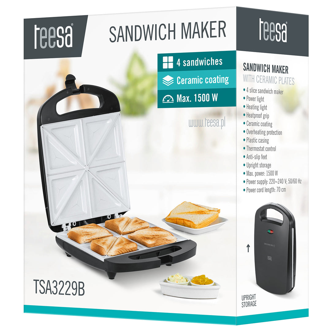 Teesa szendvicssütő, kerámia betétekkel, 4 szendvicshez, maximális teljesítmény 1500 W, TSA3229B