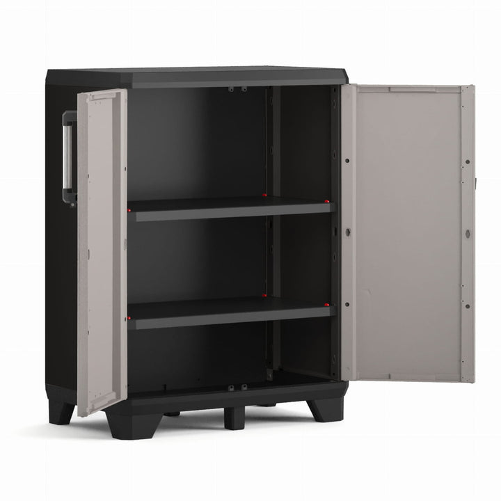 Keter alacsony szekrény, állítható polcok, megerősített szerkezet, szín: szürke/fekete, Pro