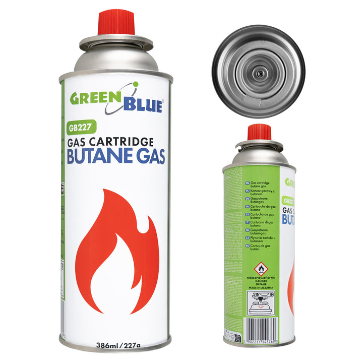 GreenBlue 227 g-os gázpatron. Tanúsítvány: Pi 0875, megfelel az EN417 szabványnak, bután, működési hőmérséklet-tartomány: -10 °C és +40 °C között, GB227
