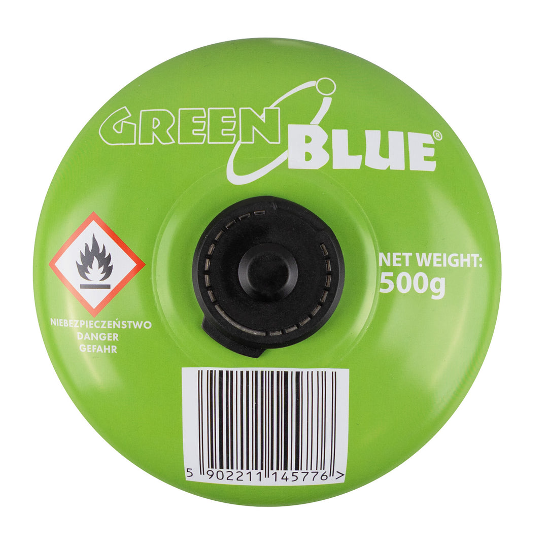 GreenBlue 500 g-os gázpatron. Tanúsítvány: Pi 0437, EN417 szabványnak megfelelő, bután-propán, használati hőmérséklet-tartomány: -10 °C és +40 °C között, 7/16''-es menetes szelep, GB499