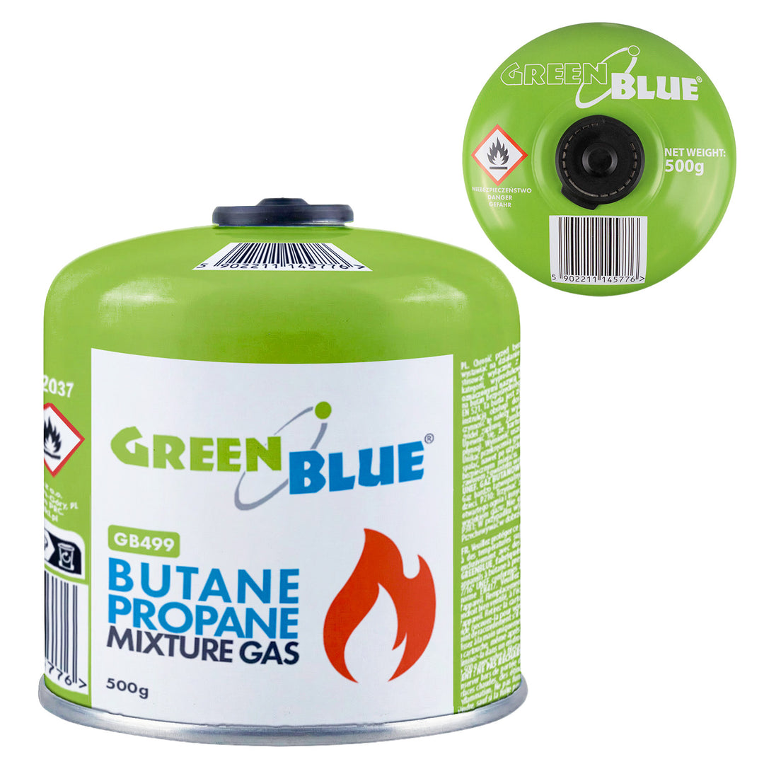 GreenBlue 500 g-os gázpatron. Tanúsítvány: Pi 0437, EN417 szabványnak megfelelő, bután-propán, használati hőmérséklet-tartomány: -10 °C és +40 °C között, 7/16''-es menetes szelep, GB499