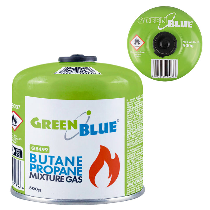 GreenBlue 500 g-os gázpatron. Tanúsítvány: Pi 0437, EN417 szabványnak megfelelő, bután-propán, használati hőmérséklet-tartomány: -10 °C és +40 °C között, 7/16''-es menetes szelep, GB499