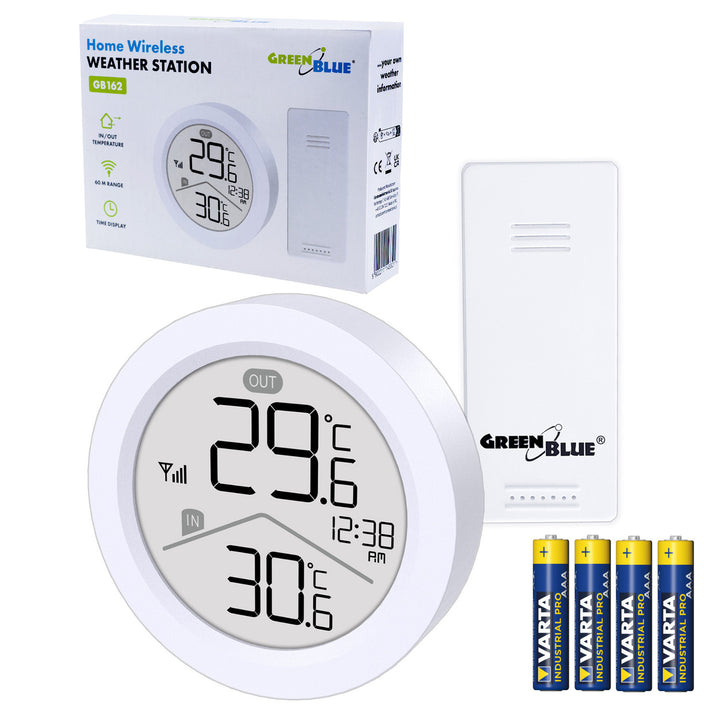 GreenBlue vezeték nélküli időjárásállomás, beltéri/kültéri hőmérséklet, óra, °C/°F választható, hatótávolság 60 m, GB162, 4x AAA elem