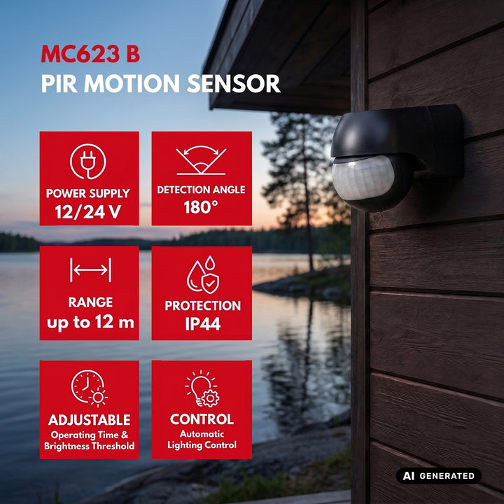 Maclean PIR mozgásérzékelő, 12–24 V, infravörös, IP44, fekete, hatótávolság 12 m, max. terhelés 60/120 W, MCE623 B