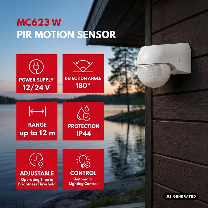Maclean PIR mozgásérzékelő, 12–24 V, infravörös, IP44, fehér, hatótávolság 12 m, max. terhelés 60/120 W, MCE623 W