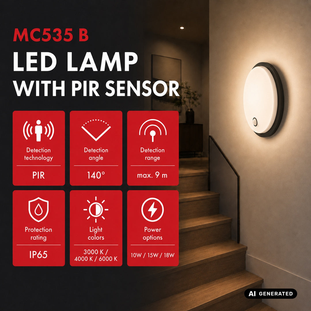 Maclean mozgásérzékelős LED-lámpa, PIR-érzékelő, fekete, 10 W/15 W/18 W, IP65, szín hőmérséklet-beállítás: 3000/4000/6000 K, MCE535 B