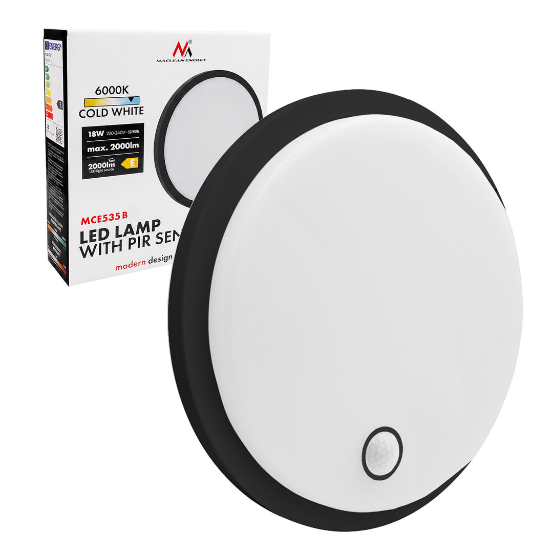 Maclean mozgásérzékelős LED-lámpa, PIR-érzékelő, fekete, 10 W/15 W/18 W, IP65, szín hőmérséklet-beállítás: 3000/4000/6000 K, MCE535 B