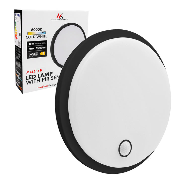 Maclean mozgásérzékelős LED-lámpa, PIR-érzékelő, fekete, 10 W/15 W/18 W, IP65, szín hőmérséklet-beállítás: 3000/4000/6000 K, MCE535 B