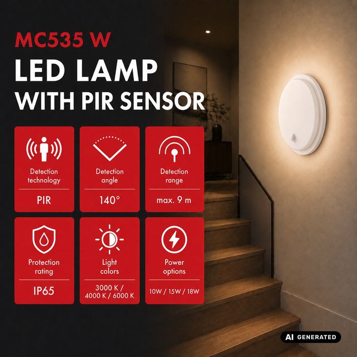 Maclean mozgásérzékelős LED-lámpa, PIR-érzékelő, fehér, 10 W/15 W/18 W, IP65, színváltási lehetőség: 3000/4000/6000 K, MCE535 W