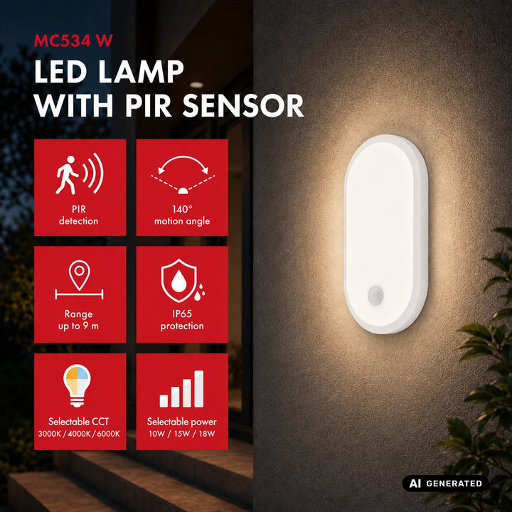 Maclean mozgásérzékelős LED-lámpa, PIR-érzékelő, fehér, 10 W/15 W/18 W, IP65, színváltási lehetőség: 3000/4000/6000 K, MCE534 W