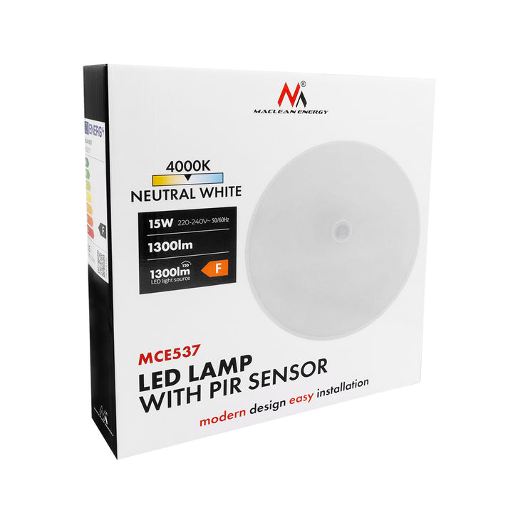 Maclean PIR-érzékelős LED-lámpa, mennyezeti, 15 W, 1300 lm, IP54, 220–240 V~ 50/60 Hz, MCE537