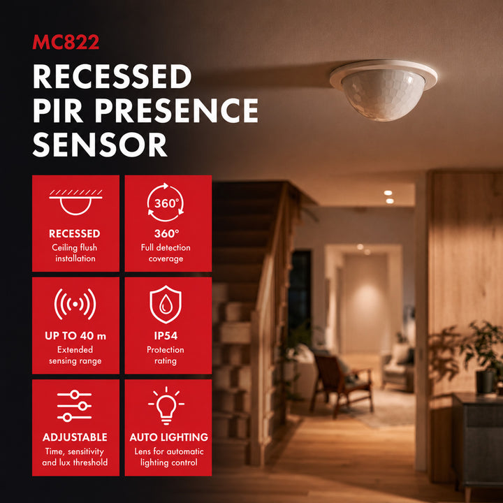 Maclean PIR jelenlétérzékelő, beépíthető, hatótávolság 10x40 m, 1000 W/2000 W, 220–240 V AC, 50/60 Hz, IP54, MCE822