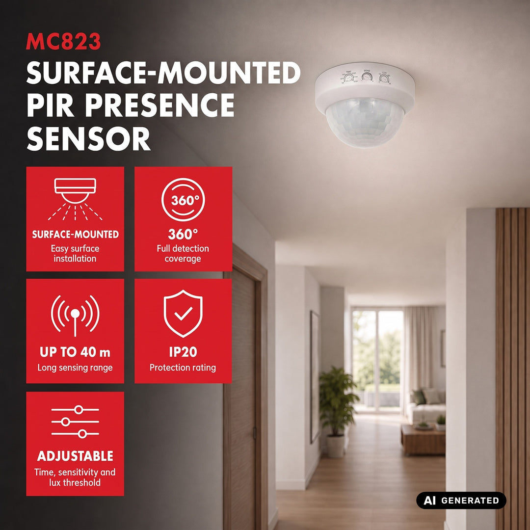Maclean PIR jelenlétérzékelő, falra szerelhető, hatótávolság 10x40 m, 1000 W/2000 W, 220–240 V AC, 50/60 Hz, MCE823