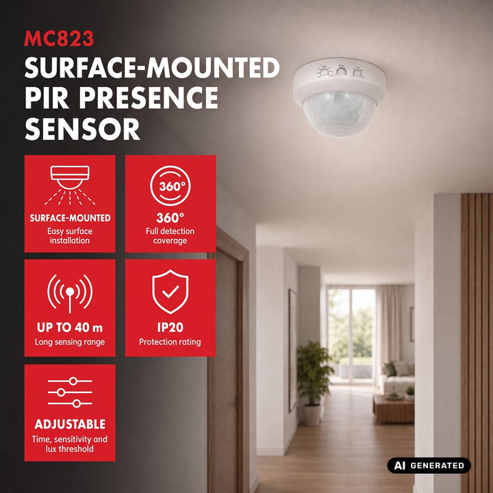 Maclean PIR jelenlétérzékelő, falra szerelhető, hatótávolság 10x40 m, 1000 W/2000 W, 220–240 V AC, 50/60 Hz, MCE823