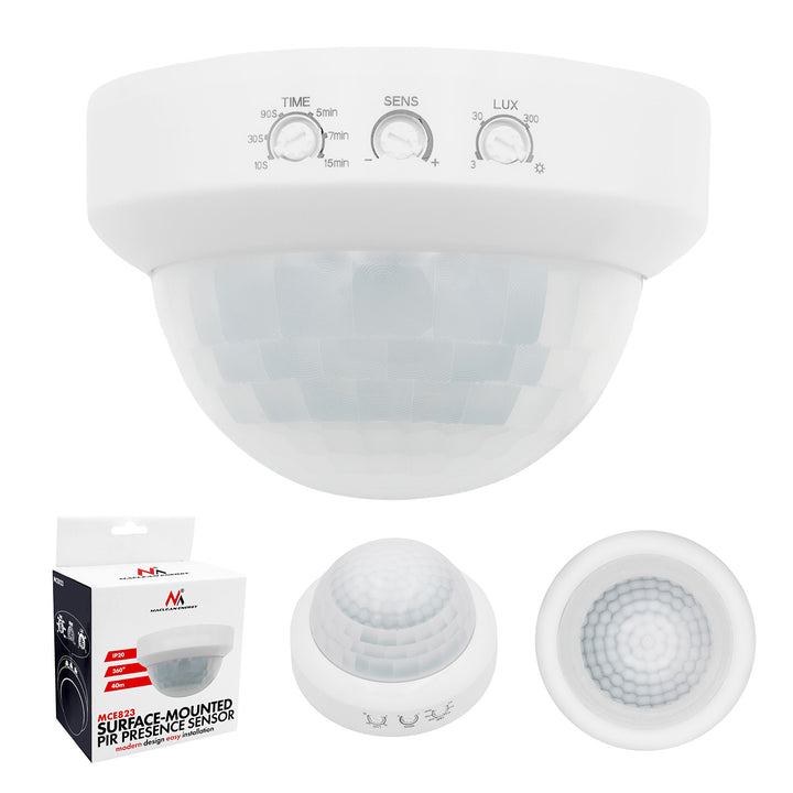 Maclean PIR jelenlétérzékelő, falra szerelhető, hatótávolság 10x40 m, 1000 W/2000 W, 220–240 V AC, 50/60 Hz, MCE823