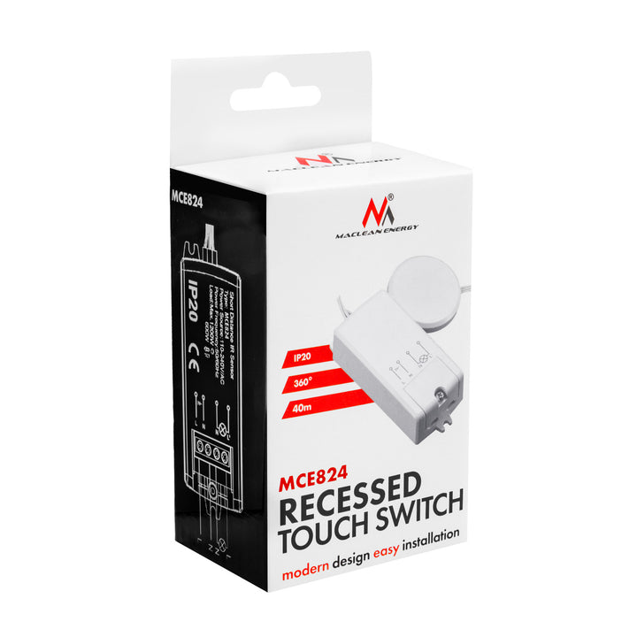 Maclean beépíthető érintőkapcsoló, <40 mm, 110–240 V AC, max. terhelés 600 W LED-hez, MCE824