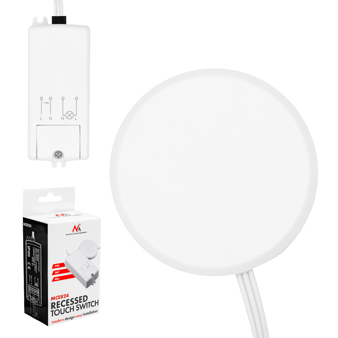 Maclean beépíthető érintőkapcsoló, <40 mm, 110–240 V AC, max. terhelés 600 W LED-hez, MCE824