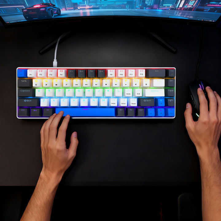 RED CORE MX60 – Rövid, 60%-os mechanikus gamer billentyűzet, csendes RED mechanikus kapcsolók, színes háttérvilágítás, 68 gomb, USB-C. Szín: fehér/kék. Mediatech