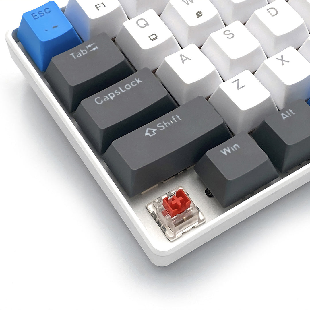 RED CORE MX60 – Rövid, 60%-os mechanikus gamer billentyűzet, csendes RED mechanikus kapcsolók, színes háttérvilágítás, 68 gomb, USB-C. Szín: fehér/kék. Mediatech