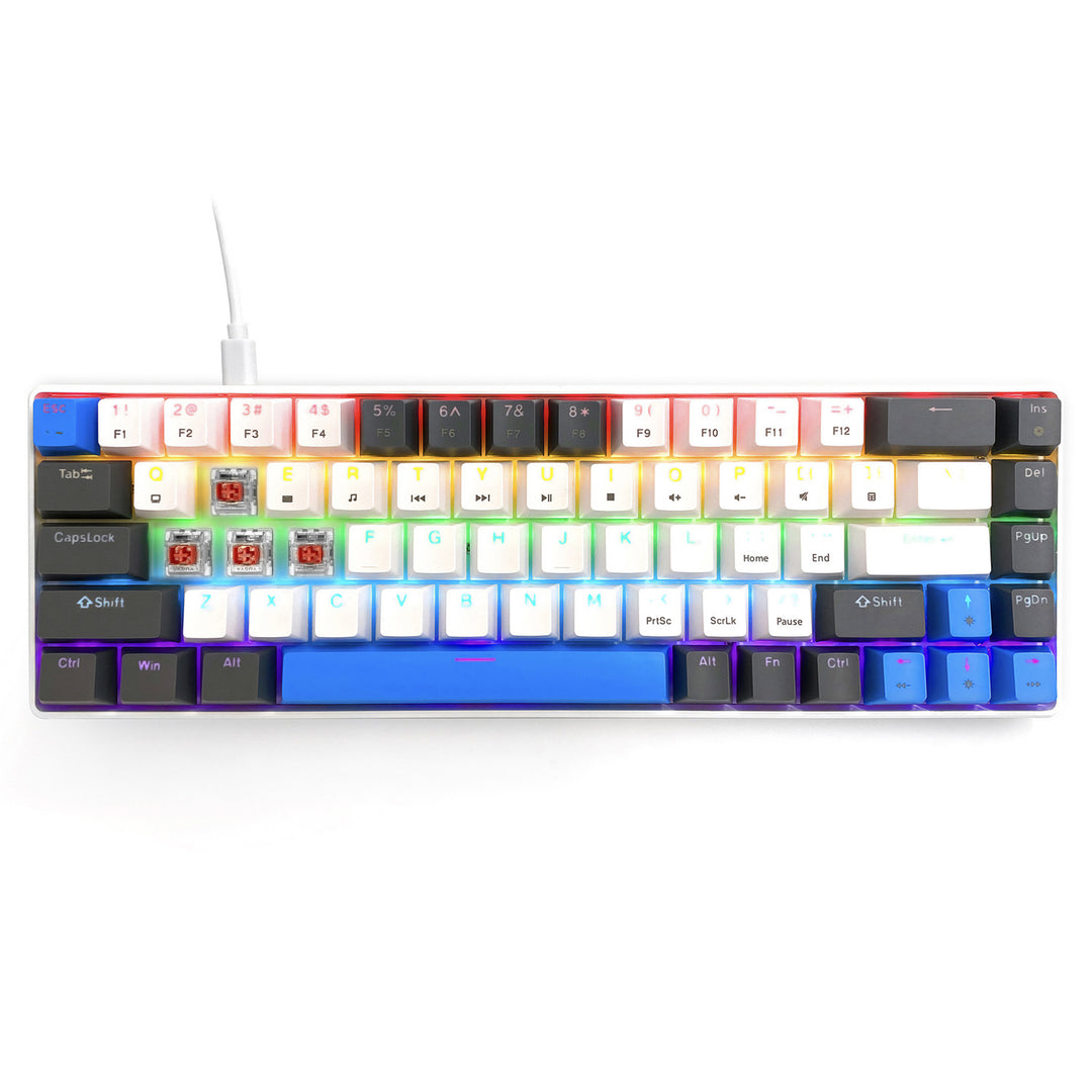 RED CORE MX60 – Rövid, 60%-os mechanikus gamer billentyűzet, csendes RED mechanikus kapcsolók, színes háttérvilágítás, 68 gomb, USB-C. Szín: fehér/kék. Mediatech