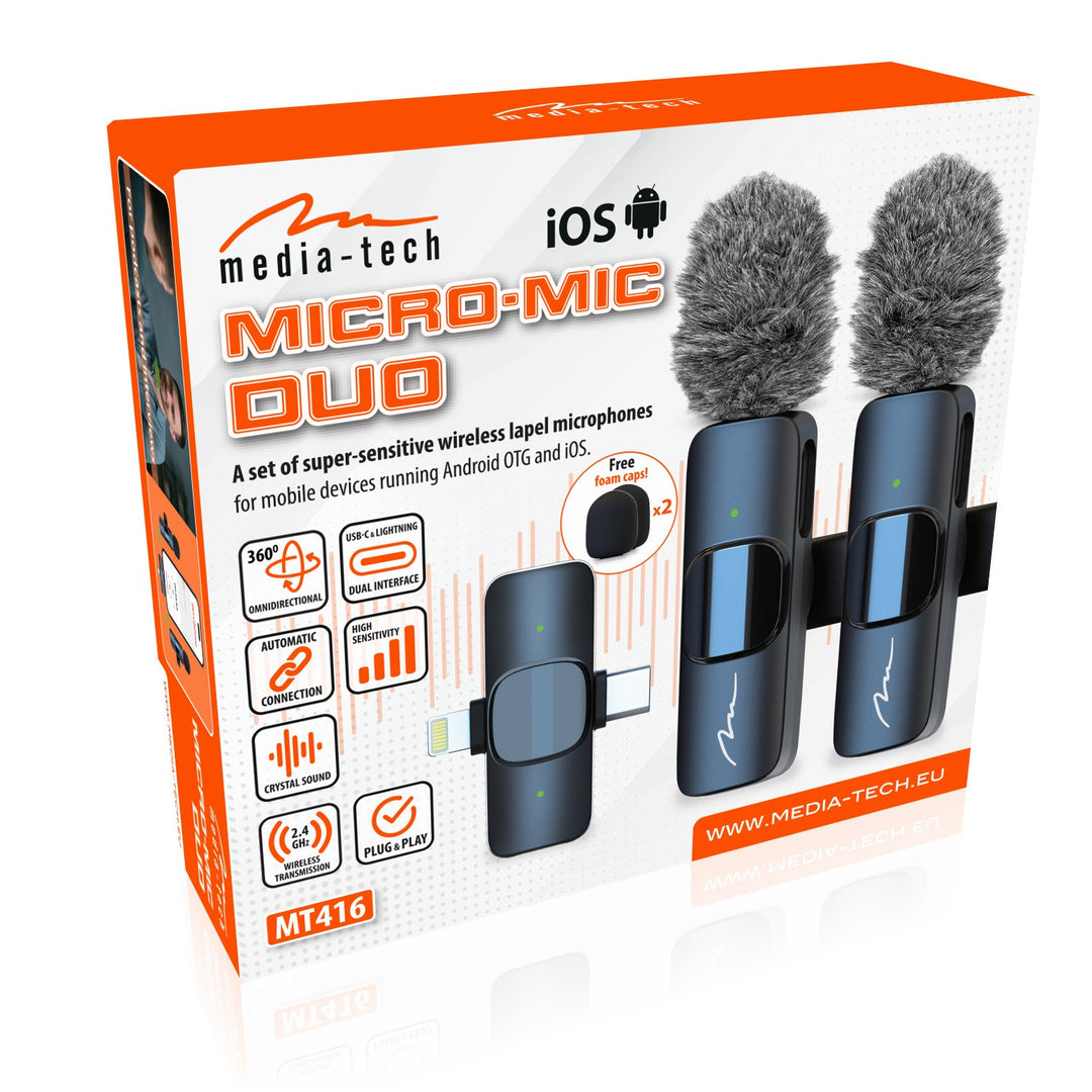 MICRO-MIC DUO – 2 db vezeték nélküli mikrofon (készlet), rögzíthető, iOS és Android (OTG), mini, rendkívül érzékeny. USB-C és LIGHTNING, Mediatech