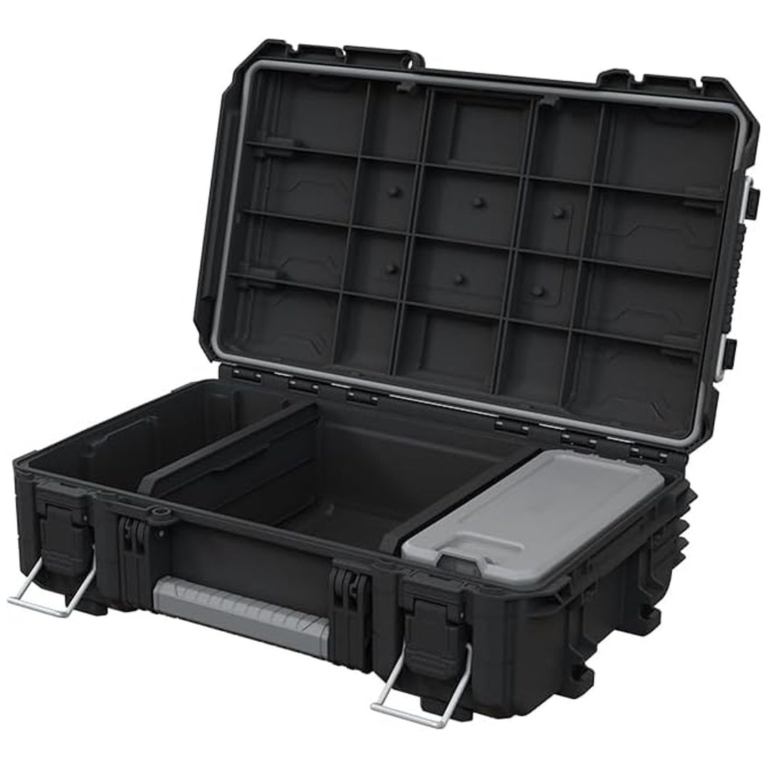 Keter ROC Pro Gear 2.0 szerszámos bőrönd, 36 kg teherbírás, lakatnyílás, por- és vízálló tömítés, fedeles szervezőtartó a csomagban, falra akasztható, 256979