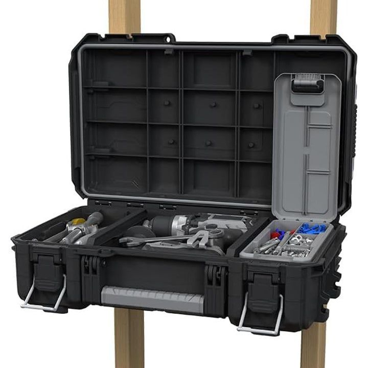 Keter ROC Pro Gear 2.0 szerszámos bőrönd, 36 kg teherbírás, lakatnyílás, por- és vízálló tömítés, fedeles szervezőtartó a csomagban, falra akasztható, 256979