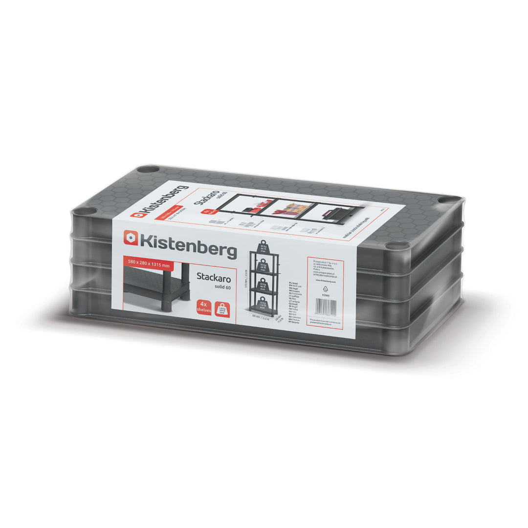 Stackaro Solid 60 Kistenberg polcrendszer, max. teljes terhelhetőség 185 kg, 4 polc, falra szerelhető, KSS60L4HD-S411
