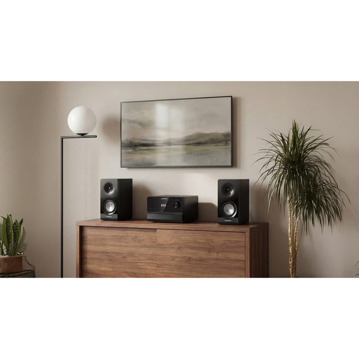 Blaupunkt mikrorendszer, 100 W RMS teljesítmény, DAB+ tuner, LED kijelző, FM rádió, teleszkópos antenna, HDMI ARC csatlakozó, CD/MP3/USB/BT, óra riasztási funkcióval, MS49DAB