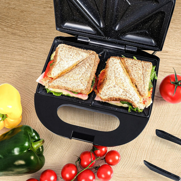 Eldom szendvicssütő, tapadásmentes kerámia bevonat, gyors fűtés, 750 W teljesítmény, azonnali tisztítás, LED jelzőfény, csúszásgátló talpak, ST11G