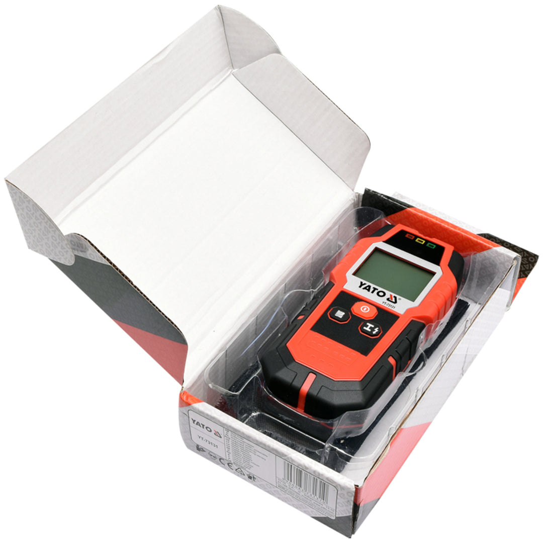 Professzionális Yato kábel- és profilérzékelő, nagy kijelző LED háttérvilágítással, fedéllel, hangjelzéssel és három jelző LED-del, érzékelési erősség beállítással, YT-73131