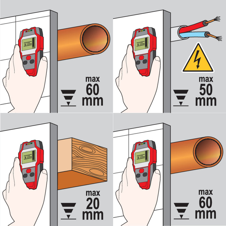 Professzionális Yato kábel- és profilérzékelő, nagy kijelző LED háttérvilágítással, fedéllel, hangjelzéssel és három jelző LED-del, érzékelési erősség beállítással, YT-73131