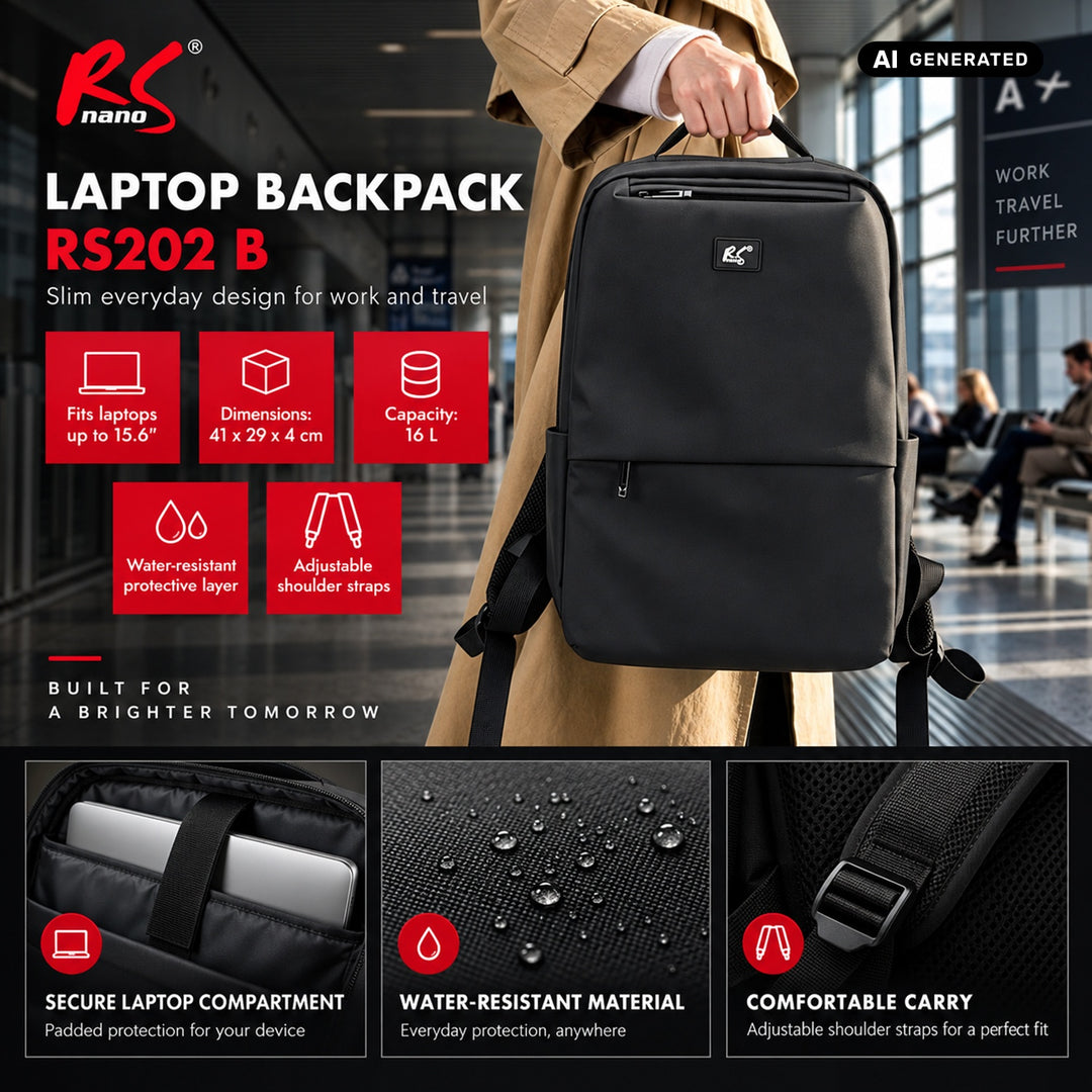 NanoRS laptop-hátizsák, 15,6", fekete, 41x29x4, vízálló RS202 B