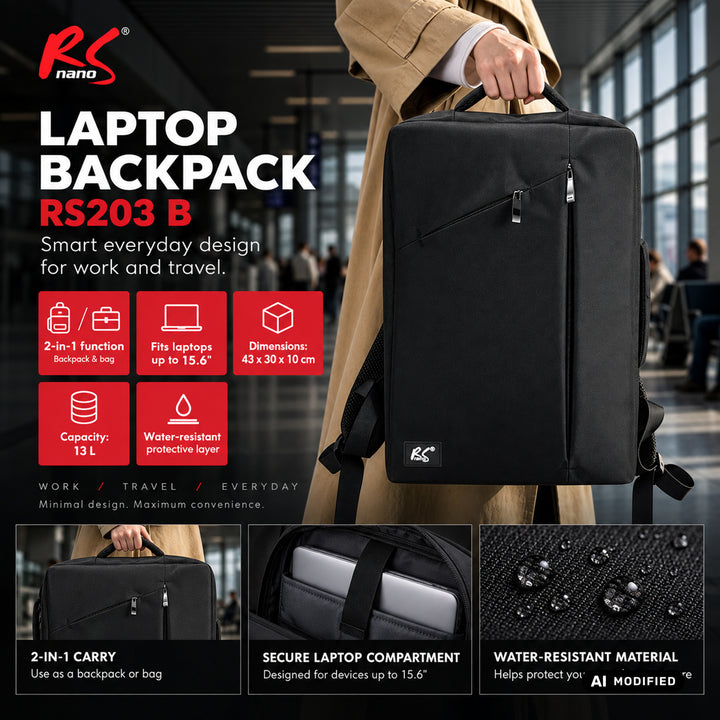 NanoRS laptop-hátizsák, 15,6", fekete, 43x30x10, vízálló RS203 B