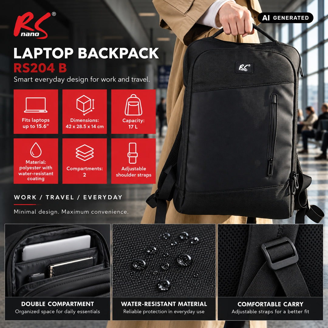 NanoRS laptop-hátizsák, 15,6", fekete, 42x28,5x14, vízálló RS204 B