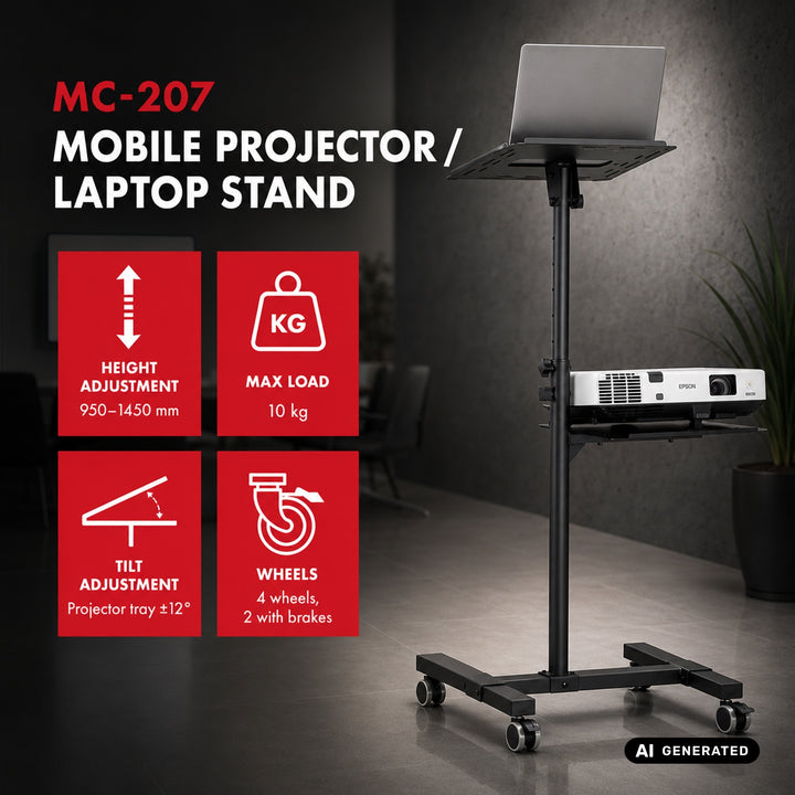 Maclean állítható, acélból készült, hordozható projektor-/laptop-asztal, max. 10 kg, MC-207