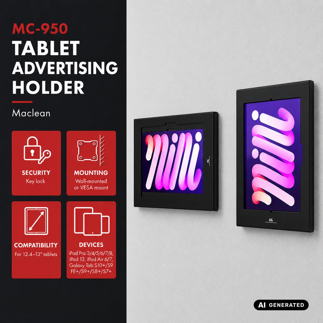 Maclean tablet-tartó, rögzítővel, 12,4–13 hüvelyk, iPad Air/Pro, Samsung Tab S10+/S9+/S8+/S7+, 257×350×22 mm, MC-950 B