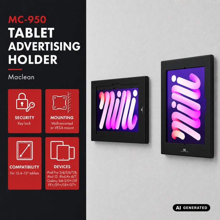 Maclean tablet-tartó, rögzítővel, 12,4–13 hüvelyk, iPad Air/Pro, Samsung Tab S10+/S9+/S8+/S7+, 257×350×22 mm, MC-950 B