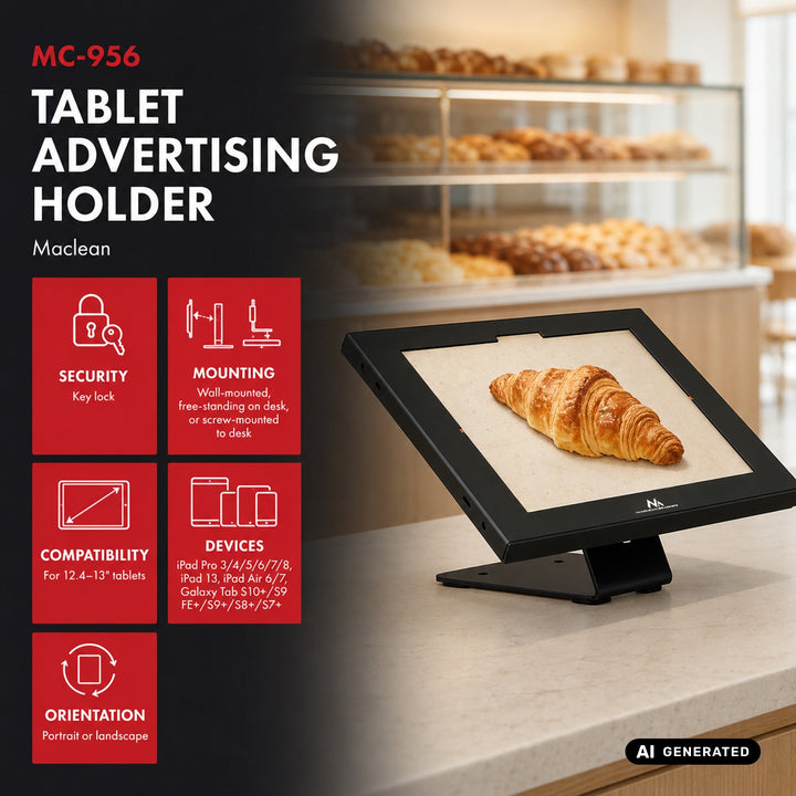 Maclean táblagép-tartó, rögzítővel, 12,4–13 hüvelyk, iPad Air/Pro, Samsung Tab S10+/S9+/S8+/S7+, 257×350×22 mm, MC-956 B