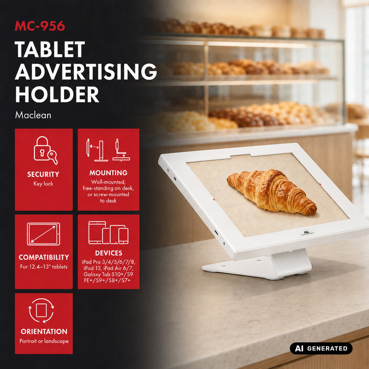Maclean táblagép-tartó, rögzítővel, 12,4–13", iPad Air/Pro, Samsung Tab S10+/S9+/S8+/S7+, 257×350×22 mm, MC-956 W