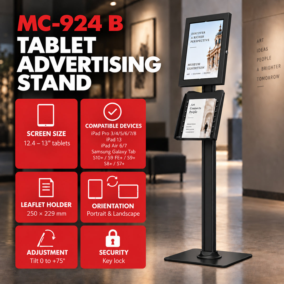 Maclean tablet-tartó, rögzítővel. 12,4–13 hüvelyk, iPad Air/Pro, Samsung Tab S10+/S9+/S8+/S7+, 257×350×22 mm, MC-924 B