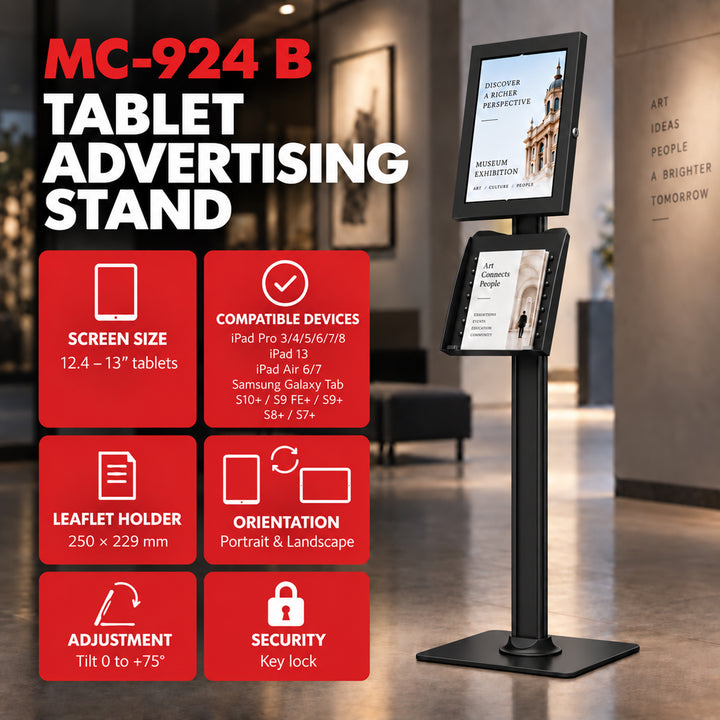 Maclean tablet-tartó, rögzítővel. 12,4–13 hüvelyk, iPad Air/Pro, Samsung Tab S10+/S9+/S8+/S7+, 257×350×22 mm, MC-924 B