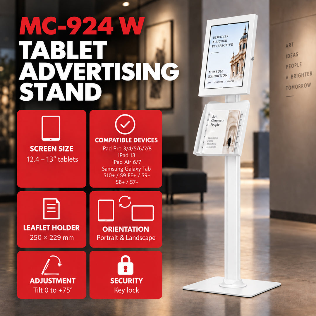 Maclean tablet-tartó, rögzítővel, 12,4–13", iPad Air/Pro, Samsung Tab S10+/S9+/S8+/S7+, 257x350x22 mm, MC-924 W