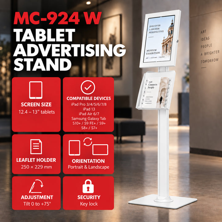 Maclean tablet-tartó, rögzítővel, 12,4–13", iPad Air/Pro, Samsung Tab S10+/S9+/S8+/S7+, 257x350x22 mm, MC-924 W