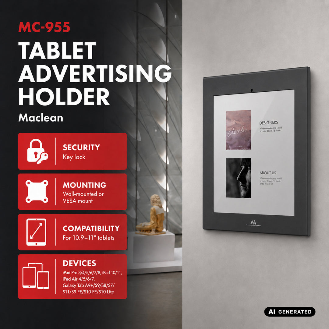 Maclean tablet-tartó, rögzítővel, 10,9–11 hüvelyk, iPad Air/Pro, Samsung Tab A és S sorozat, 220x323x22 mm, MC-955 B